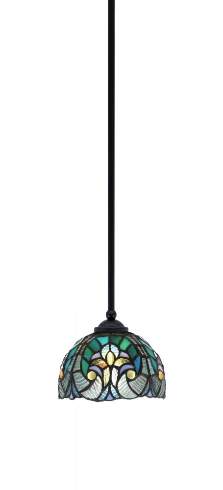 Zilo Stem Mini Pendant, Matte Black Finish, 7" Turquoise Cypress Art Glass