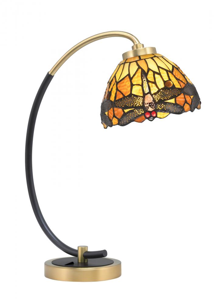 Desk Lamp, Matte Black & New Age Brass Finish, 7" Amber Dragonfly Art Glass