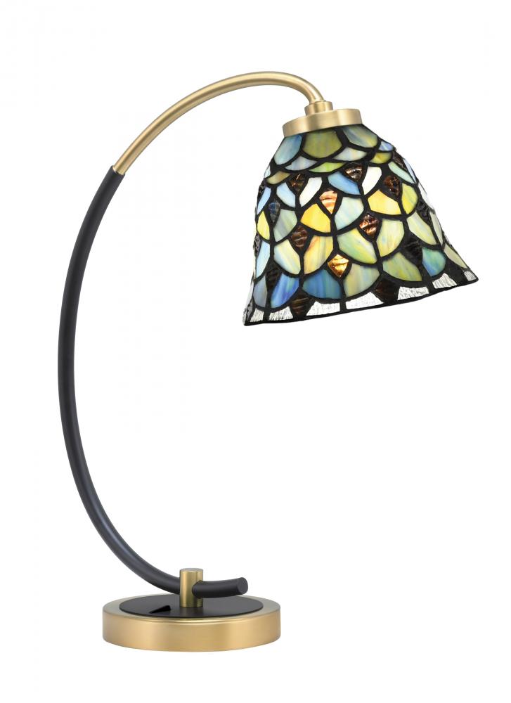 Desk Lamp, Matte Black & New Age Brass Finish, 7" Crescent Art Glass