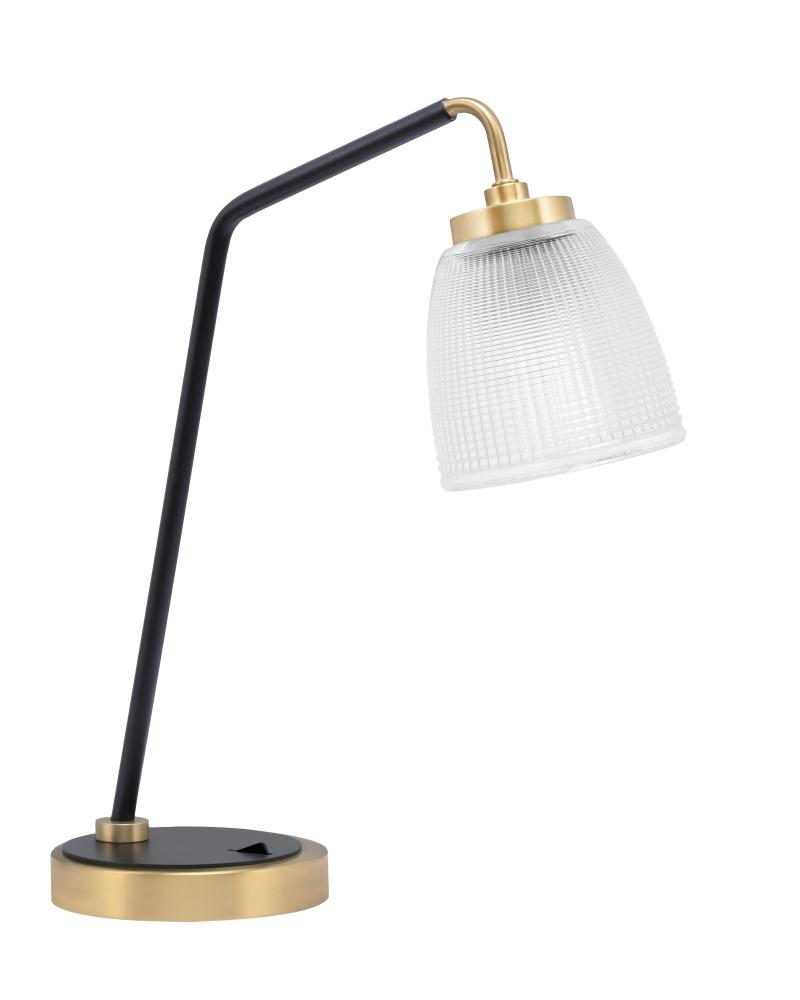 Desk Lamp, Matte Black & New Age Brass Finish, 5" Clear Ribbed Glass