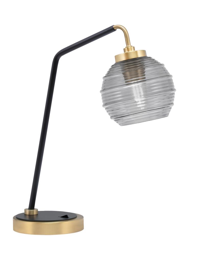 Desk Lamp, Matte Black & New Age Brass Finish, 6" Smoke Ribbed Glass