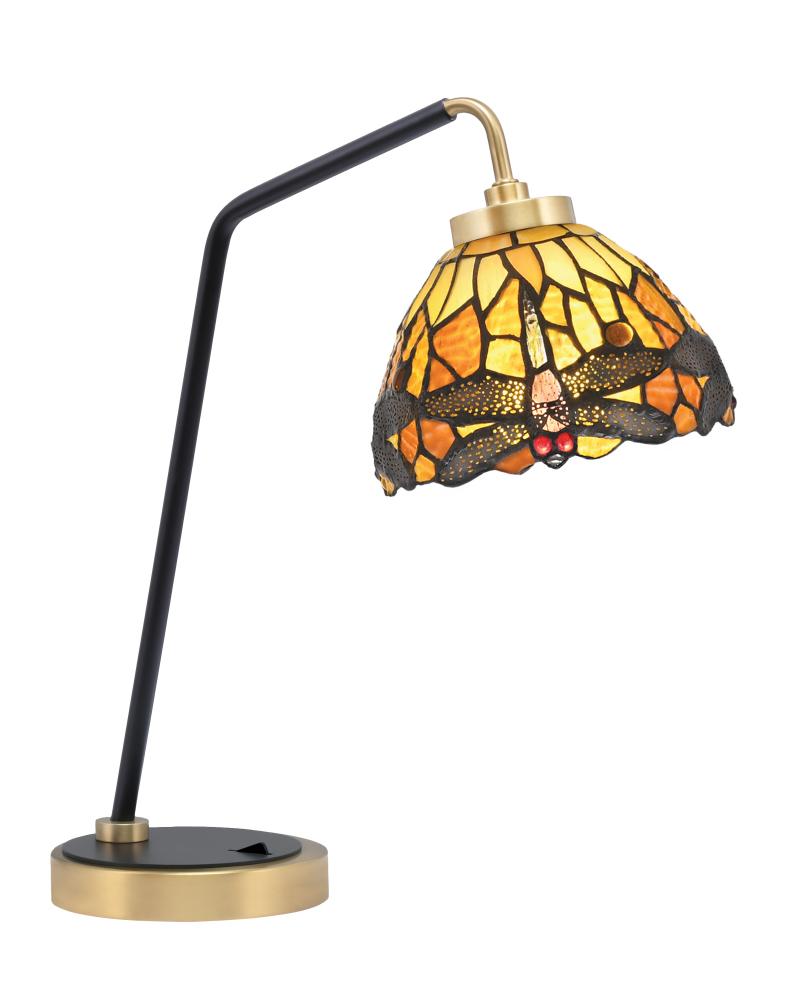 Desk Lamp, Matte Black & New Age Brass Finish, 7" Amber Dragonfly Art Glass