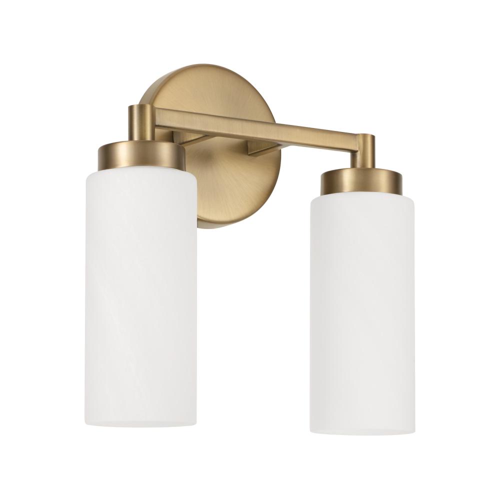 2-Light Cylindrical Vanity in Aged Brass with Faux Alabaster Glass
