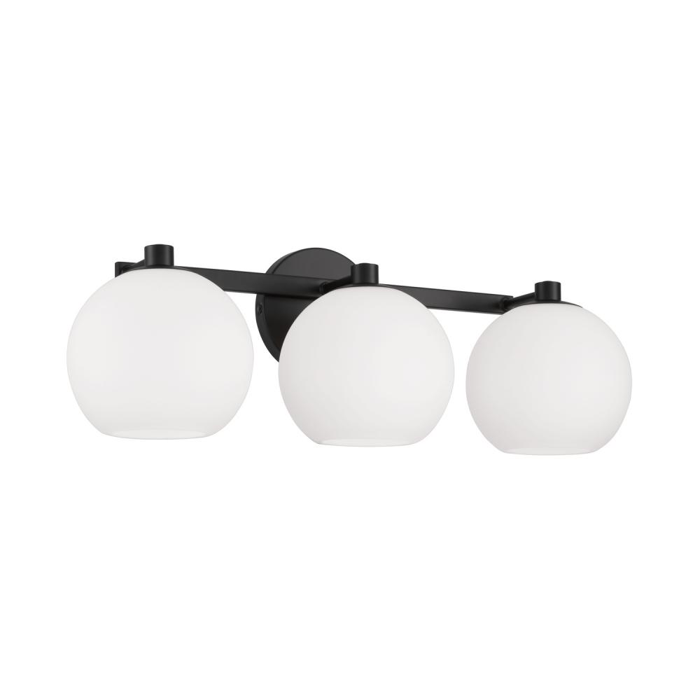 3-Light Circular Globe Vanity in Matte Black with Soft White Glass