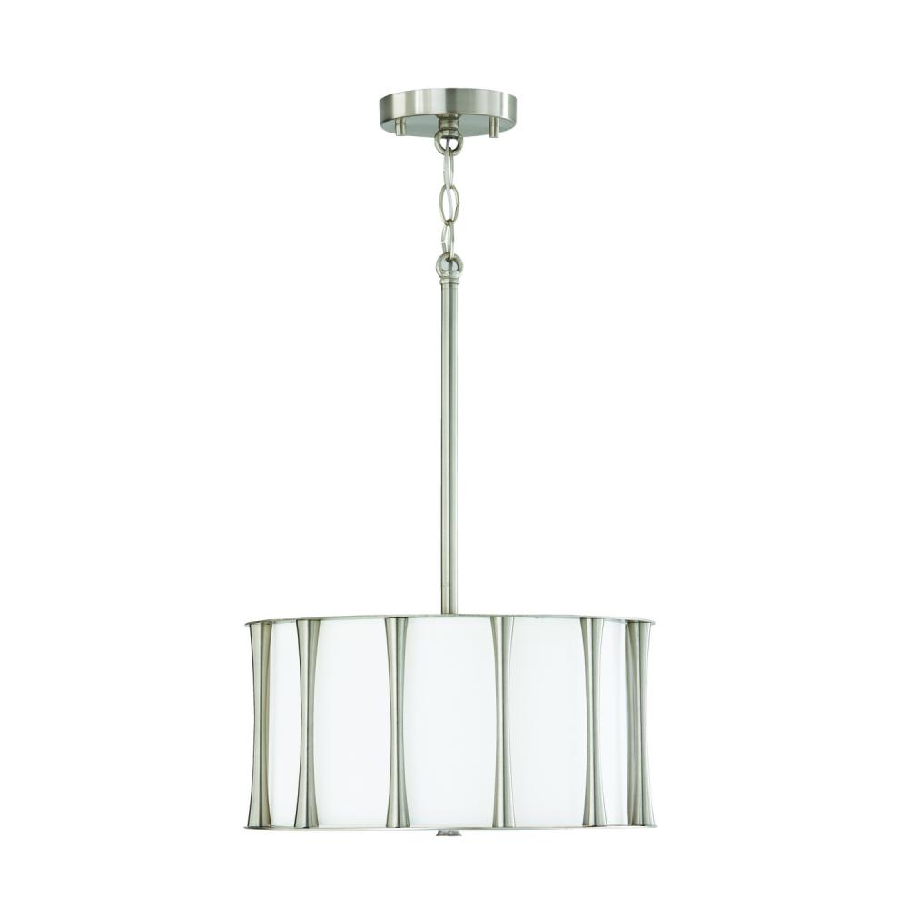 3-Light Dual Mount Pendant or Semi-Flush in Brushed Nickel with White Fabric Shade