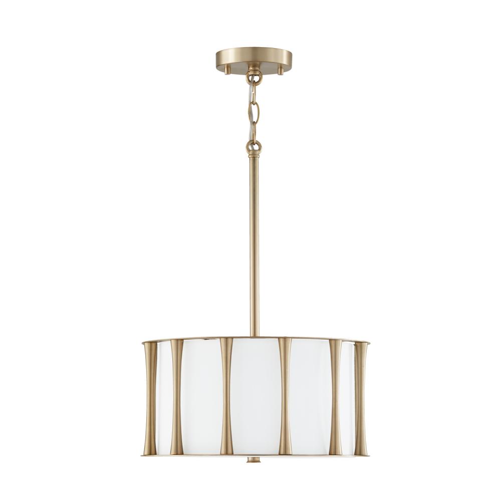 3-Light Dual Mount Pendant or Semi-Flush in Matte Brass with White Fabric Shade