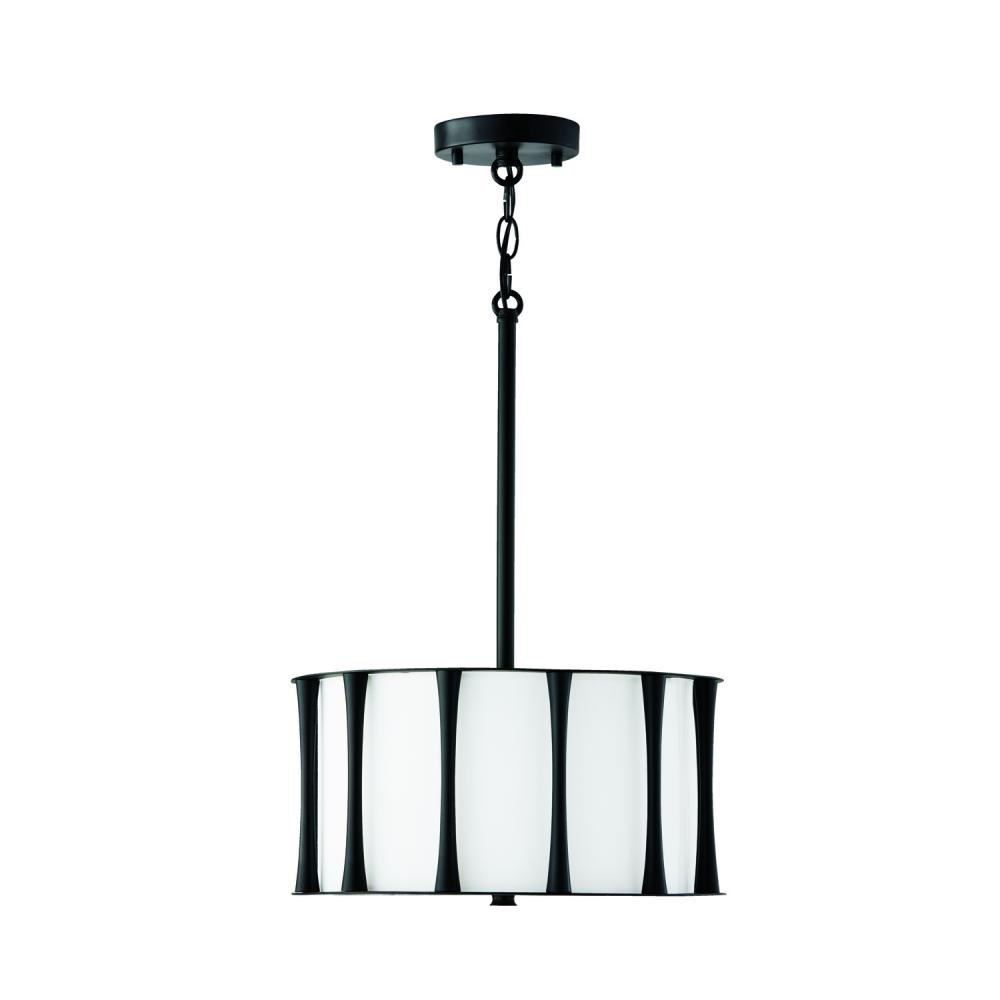 3-Light Dual Mount Pendant or Semi-Flush in Matte Black with White Fabric Shade