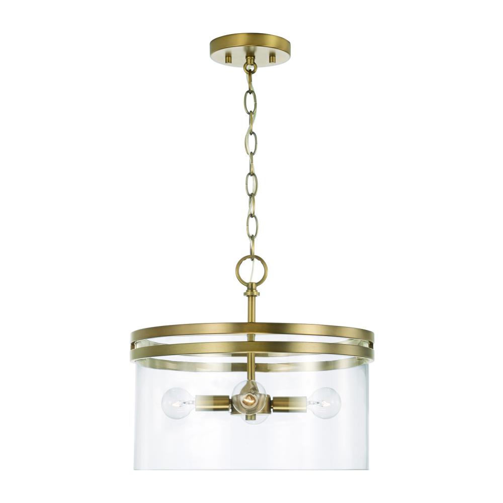 4-Light Dual Mount Pendant or Semi-Flush in Aged Brass with Clear Glass