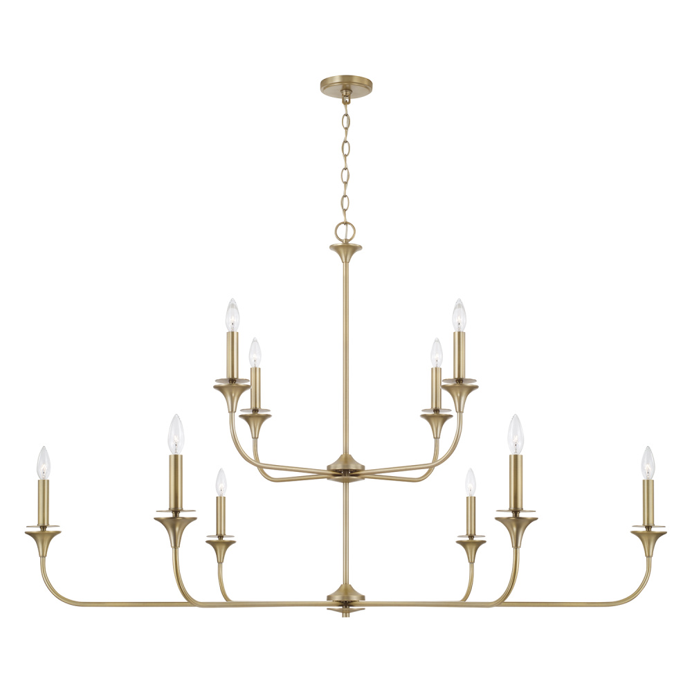 56" W x 35" H 10-Light Two-Tier Chandelier in Aged Brass with Flared Candlesticks