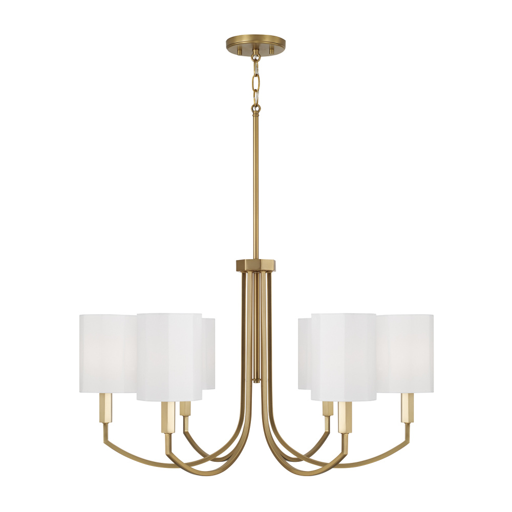 30" W x 17.5" H 6-Light Chandelier in Aged Brass with Octagonal White Fabric Shades