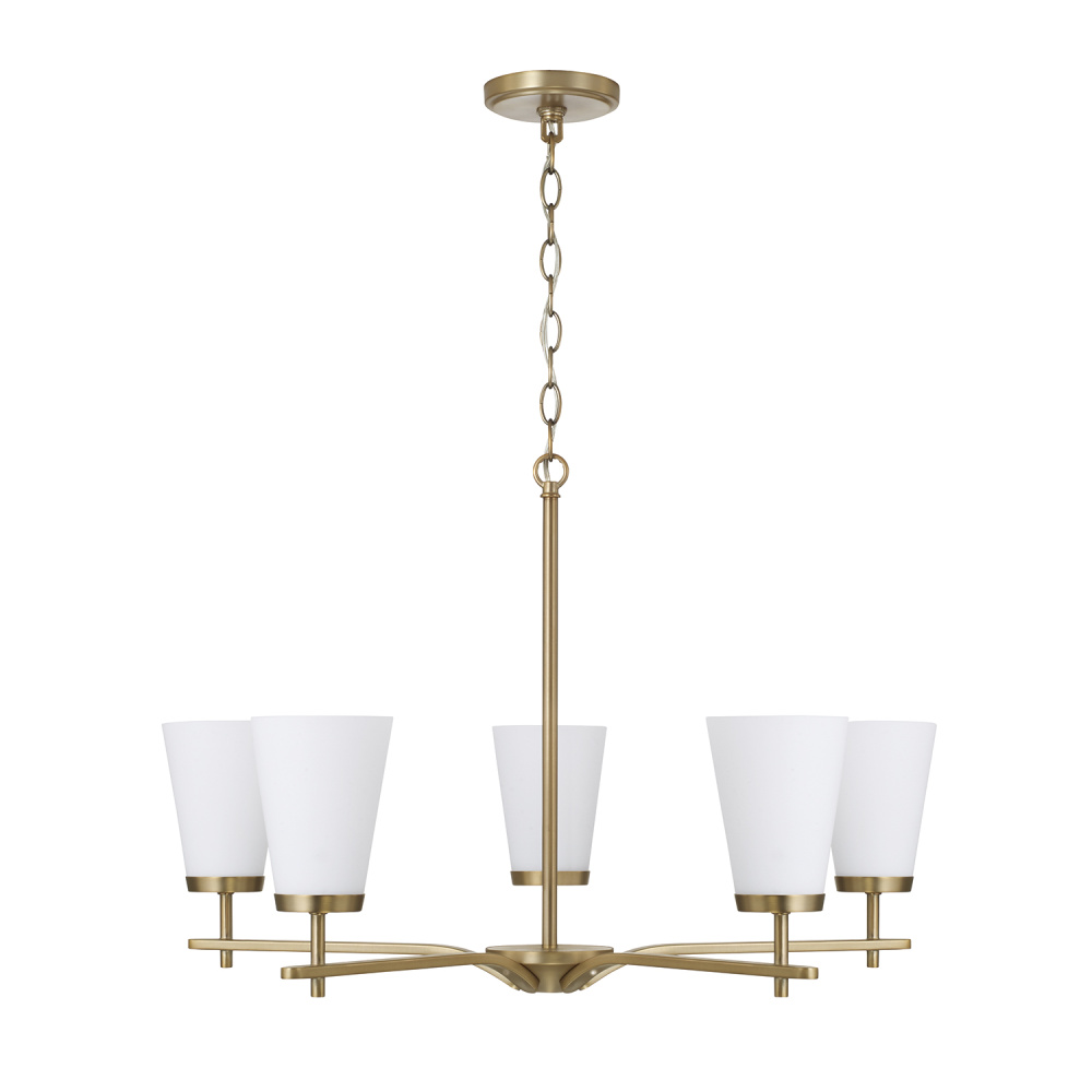 28" W x 18.5" H 5-Light Chandelier in Aged Brass with Tapered Soft White Glass