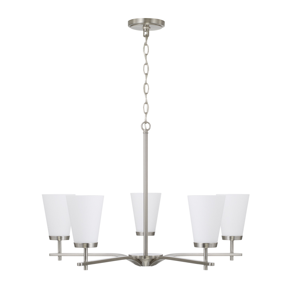 28" W x 18.5" H 5-Light Chandelier in Brushed Nickel with Tapered Soft White Glass