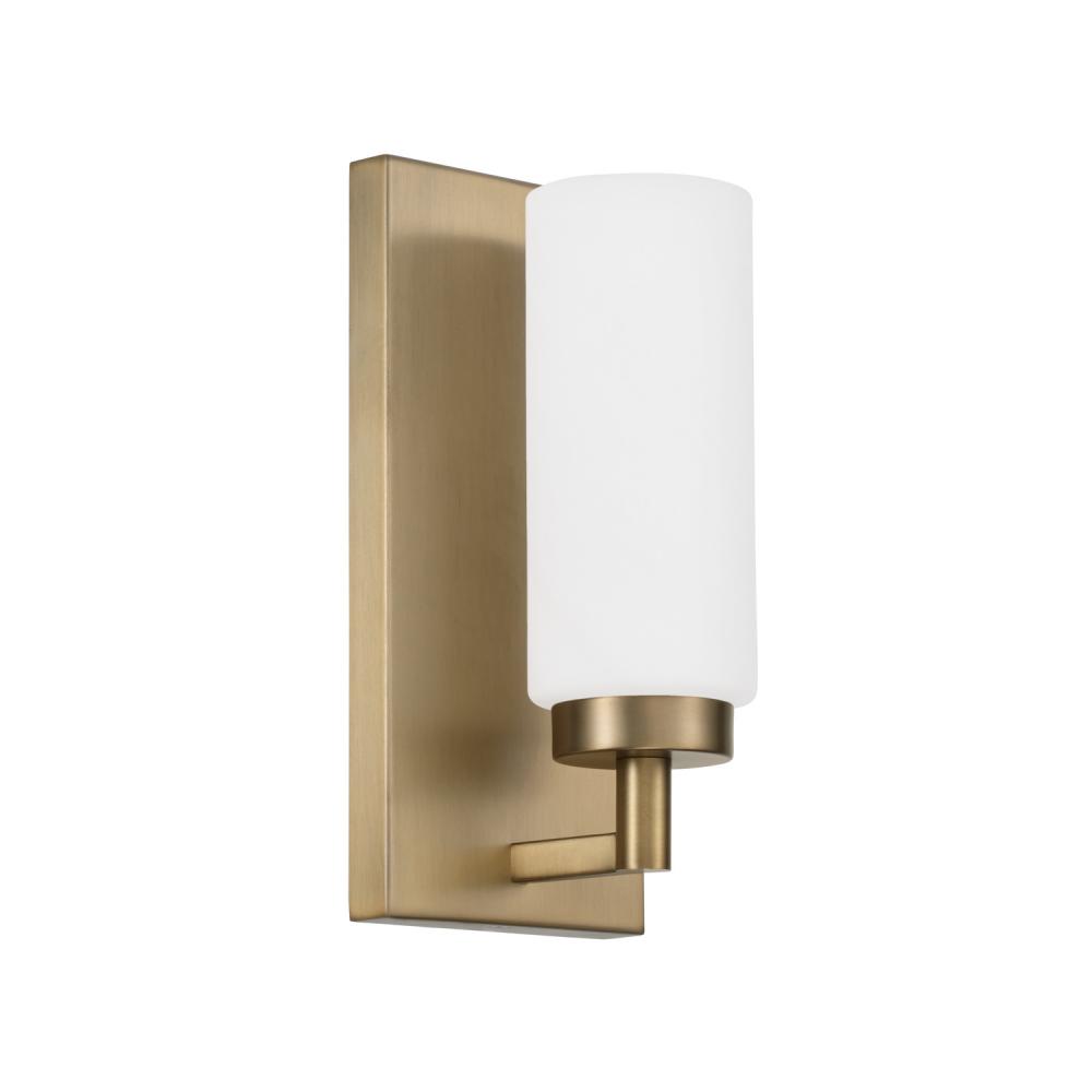 1-Light Cylindrical Sconce in Aged Brass with Faux Alabaster Glass