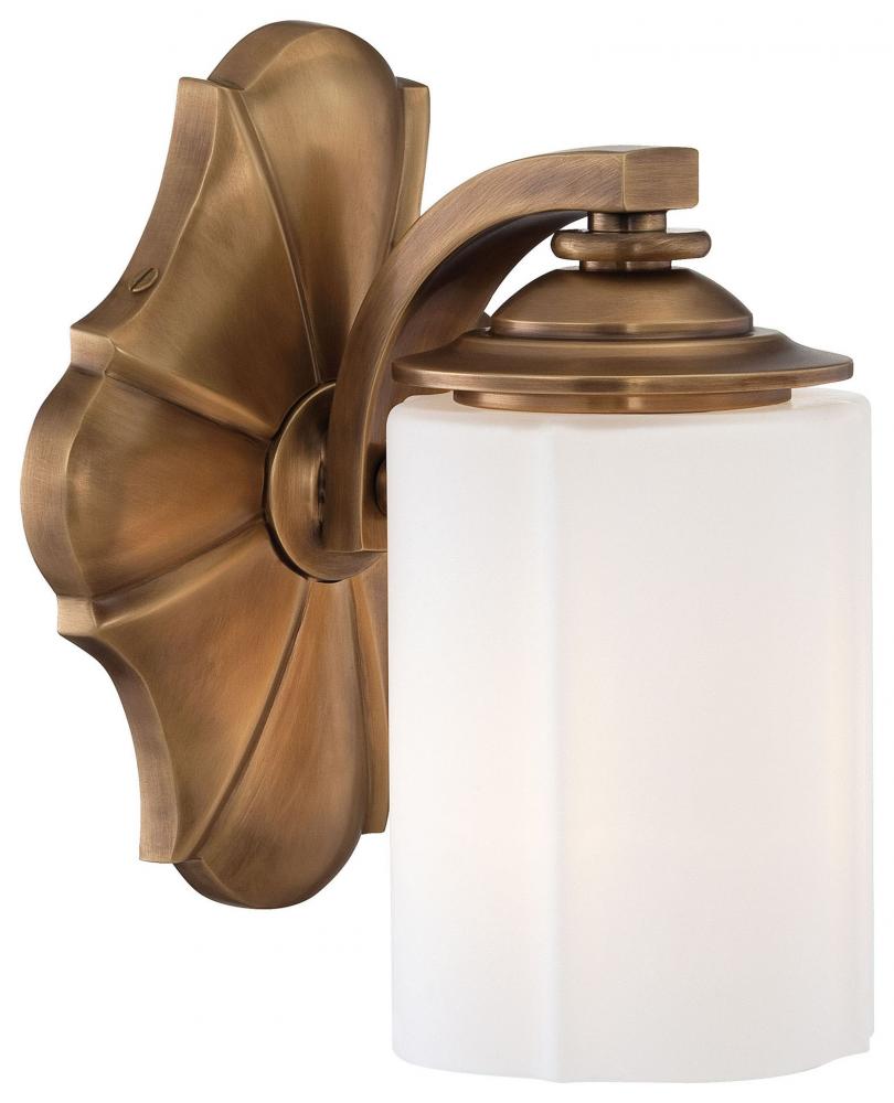 One Light Etched White Glass Aged Brass Bathroom Sconce
