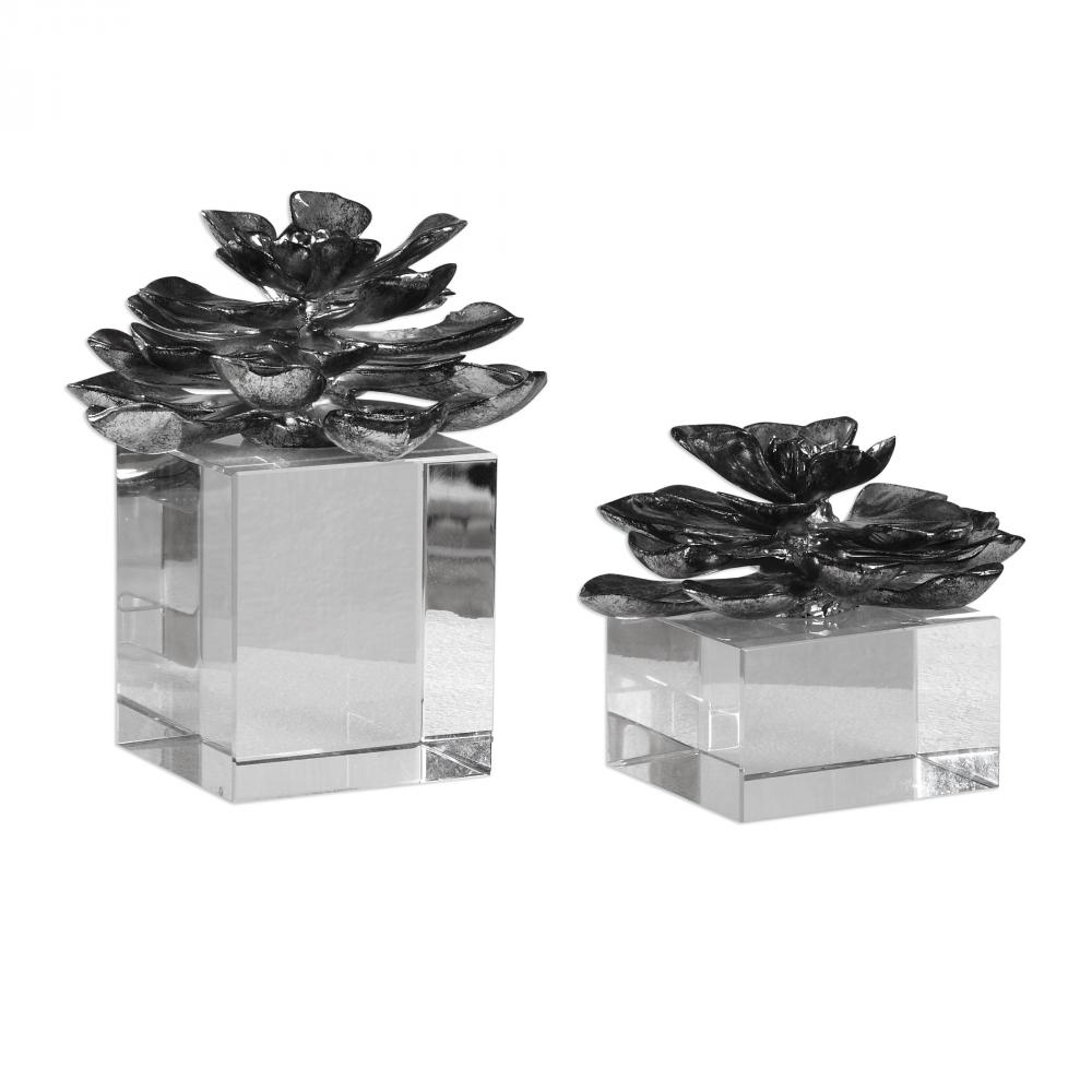 Uttermost Indian Lotus Metallic Silver Flowers Set/2