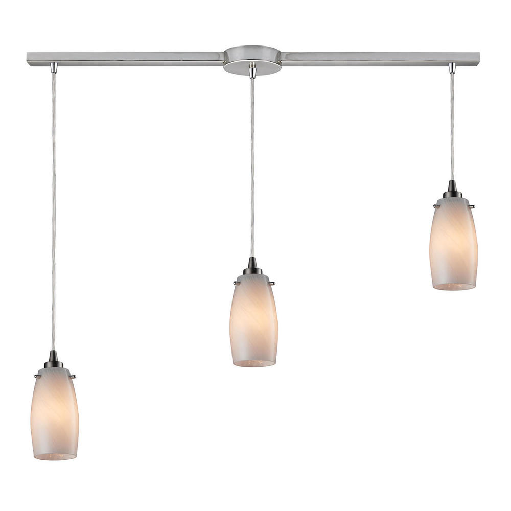 Favelita 3-Light Linear Pendant Fixture in Satin Nickel with Off-white Swirl Glass