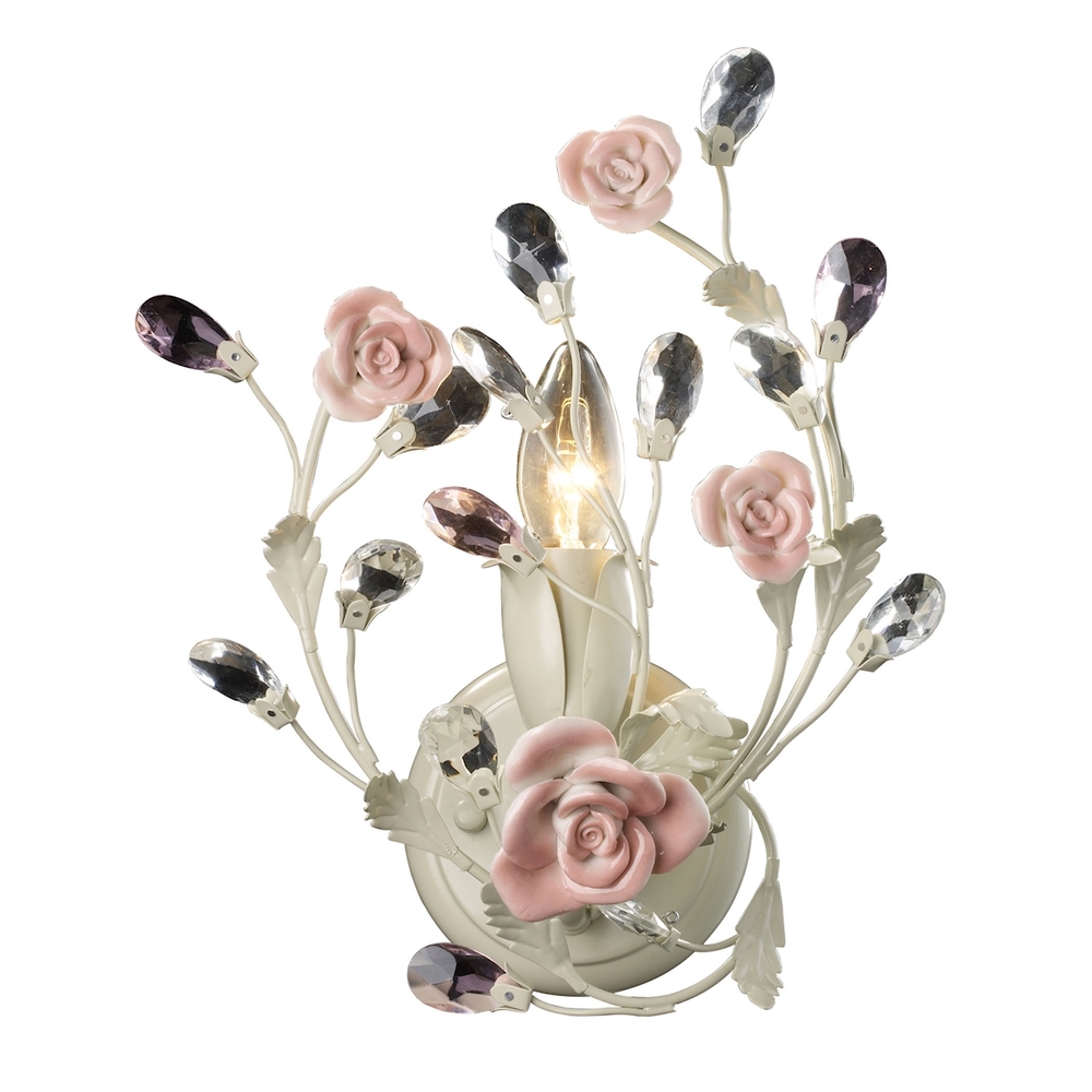 Heritage 1-Light Vanity Lamp in Cream with Porcelain Roses and Crystal