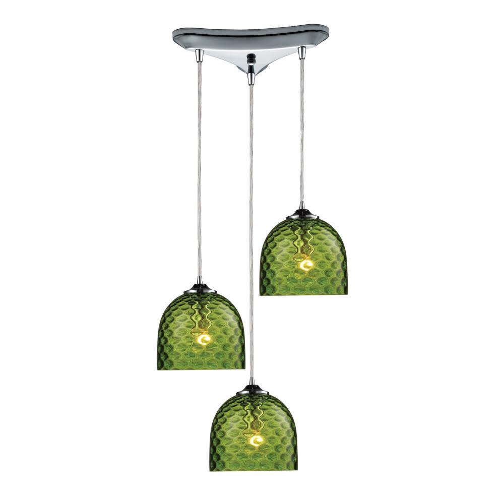 Viva 3-Light Triangular Pendant Fixture in Polished Chrome with Green Glass