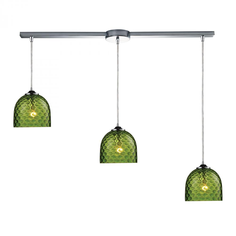 Viva 3-Light Linear Pendant Fixture in Polished Chrome with Green Glass
