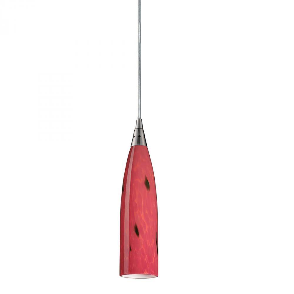 Lungo 1-Light Mini Pendant in Satin Nickel with Fire Red Glass