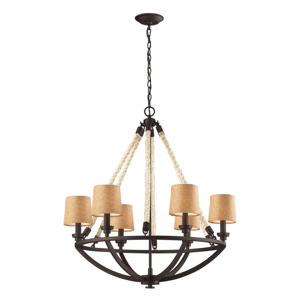 Natural Rope 6-Light Chandelier in Aged Bronze with Tan Linen Shades