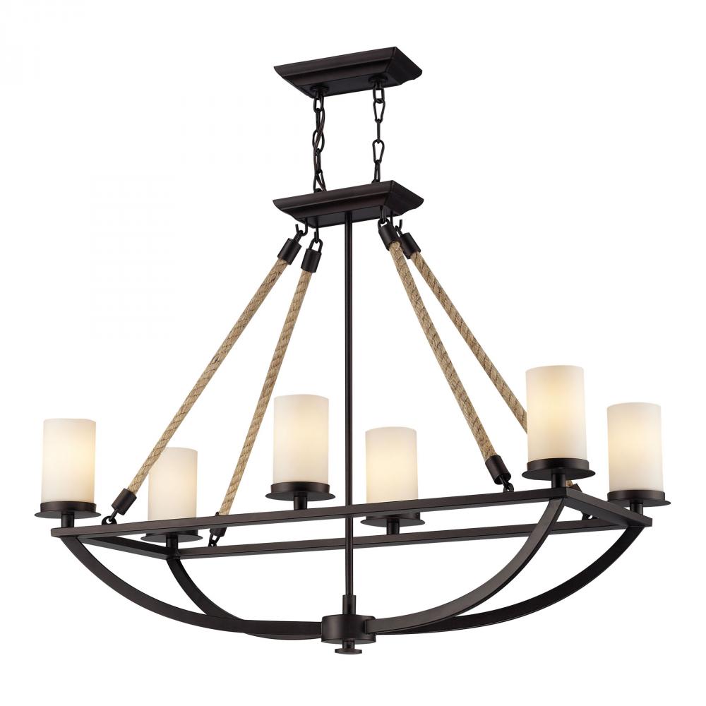Natural Rope 6-Light Linear Chandelier in Aged Bronze with White Glass