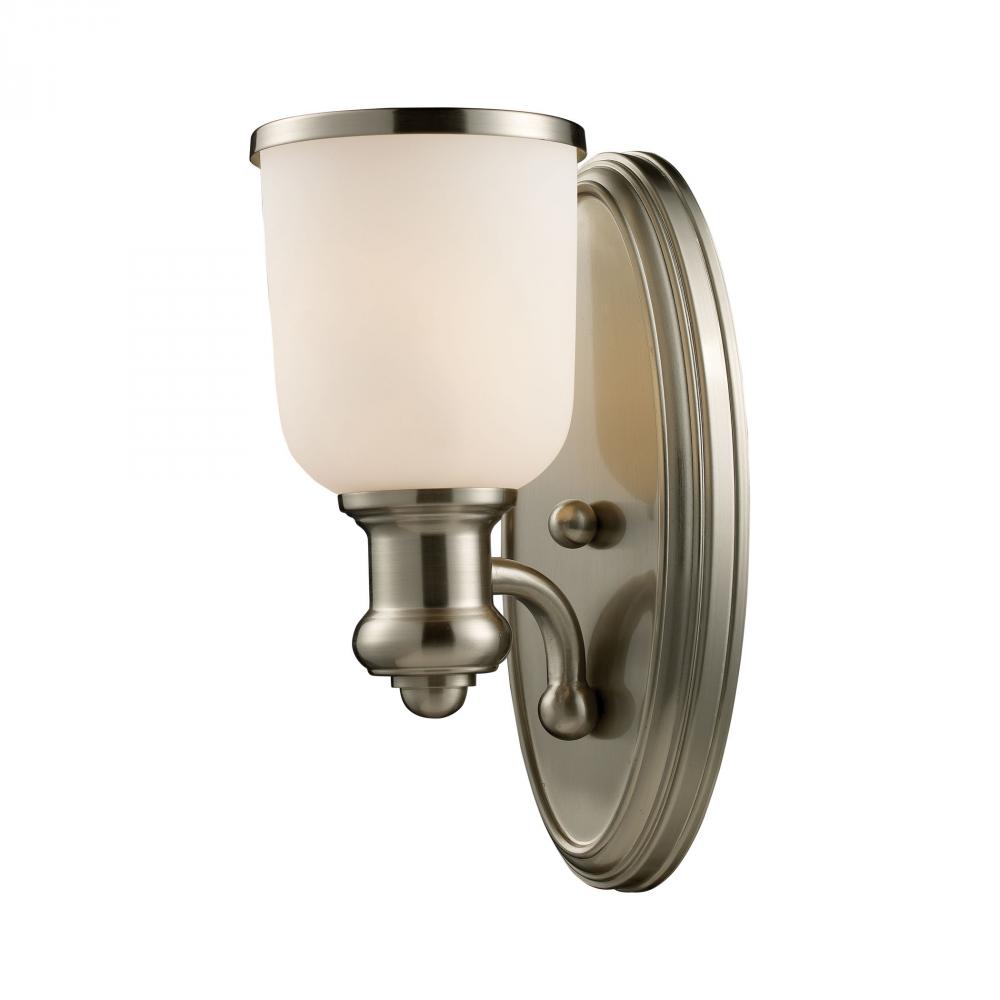 Brooksdale 1-Light Wall Lamp in Satin Nickel with White Glass
