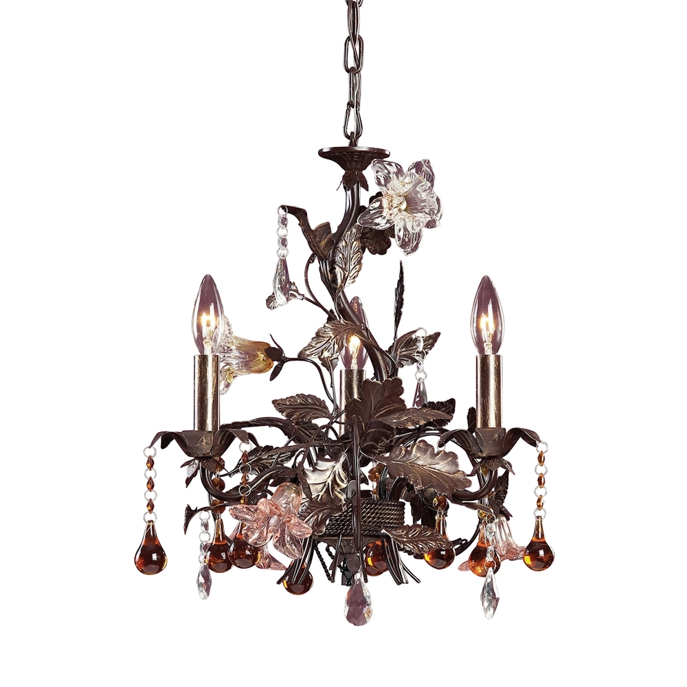 Cristallo Fiore 3-Light Chandelier in Deep Rust with Clear and Amber Florets