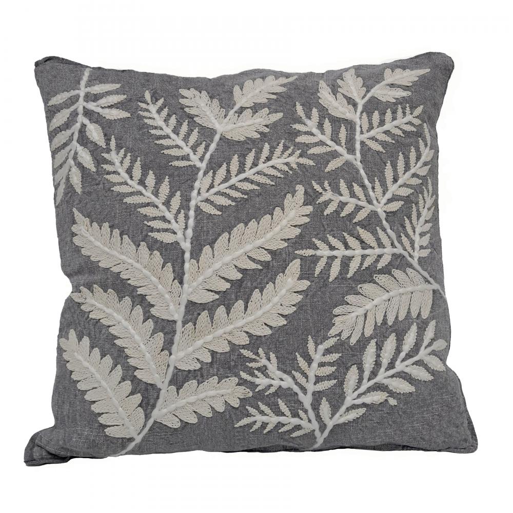 Embroidered Fern 20x20'' Pillow - Gray